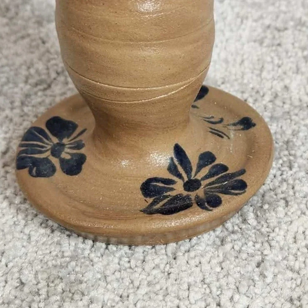 Pottery‎ Candlestick Holder Tan Blue Floral Salt Glaze Primitive